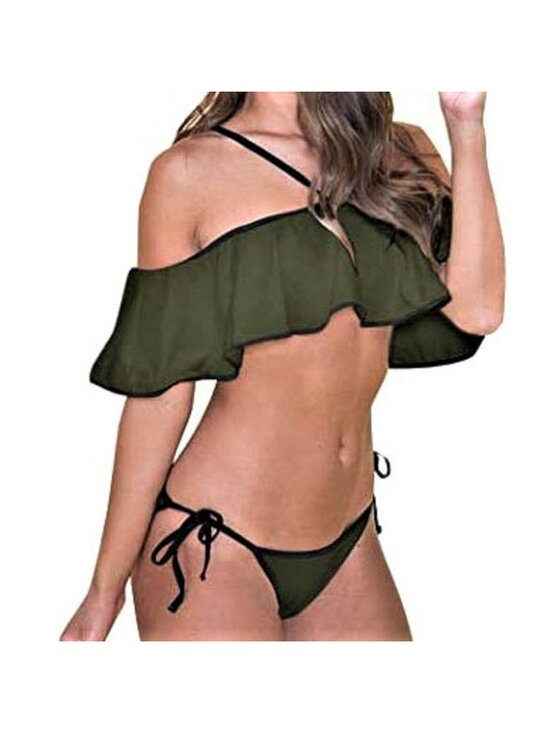 PRETTODAY Other - PRETTODAY 2 Piece Swimsuit Off Shoulder Ruffled Bikini Set Tie Side Green Sz XL